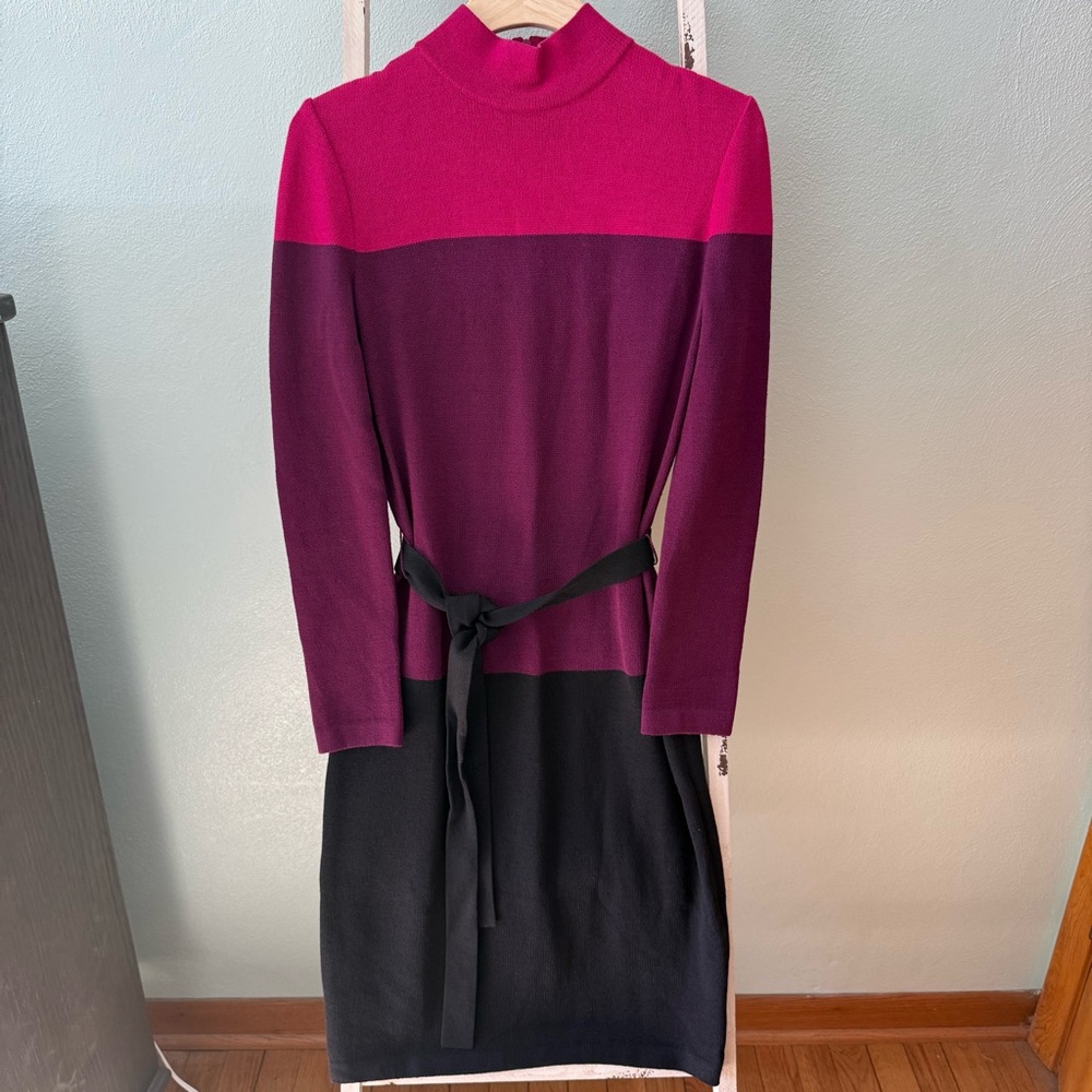 Vintage St John Pink Purple Black Color Block Long Sleeve Wool Knit Dress Size 4